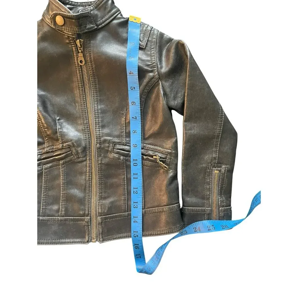 Frida G London Kids Small Black Faux Leather Moto Biker Jacket Distressed EUC